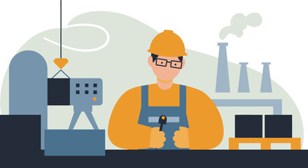 An illustration depicts a factory worker in overalls holding a wrench, overseeing a manufacturing process with machinery and industrial buildings in the background.