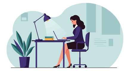 A woman is seated at a desk, working on a laptop with a lamp illuminating her workspace. Suitable for landing page, banner, marketing, web design, presentation, infographic, etc.