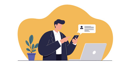 a man in a business suit using a smartphone, with a chat bubble containing text and a plant in the background. Suitable for landing page, banner, marketing, web design, presentation, infographic, etc.