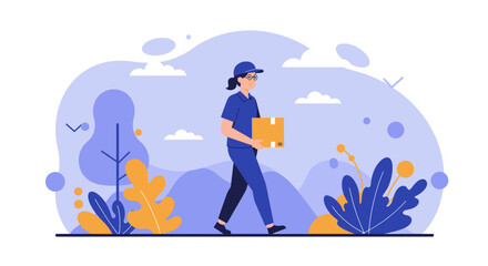 A female courier in a blue uniform walks confidently with a package delivery, set against a stylized, abstract natural landscape.