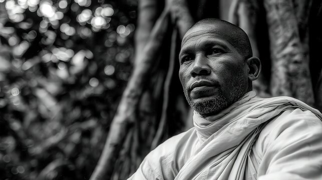 Close up of buddhist monk sitting near a tree in Southeast Asia