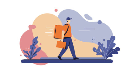 a delivery person walking with a briefcase. Suitable for landing page, banner, marketing, web design, presentation, infographic, etc.