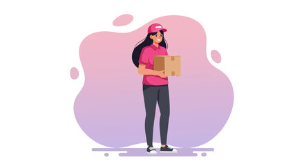 A friendly female delivery worker in a pink uniform stands holding a cardboard box against a colorful abstract background, symbolizing efficient service and modern logistics.