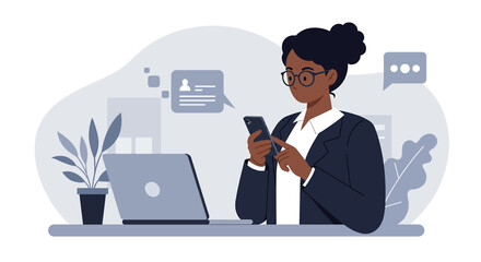 a woman in a business suit seated at a desk, engrossed in her phone, with a laptop and potted plant nearby. Suitable for landing page, banner, marketing, web design, presentation, infographic, etc.