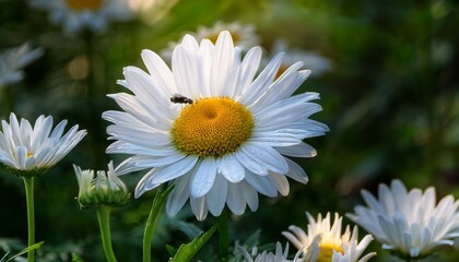 Obraz premium white daisy like flowers with yellow centers blooming amidst lush green foliage in a tropical forest a small insect rests on one flower highlighting the scene s natural beauty