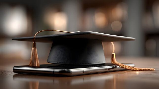 Graduation cap digitally appears above smartphone, symbolizing online education.