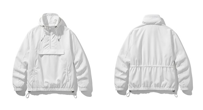 Photo of a white windbreaker jacket is shown in front and back views, isolated on white background