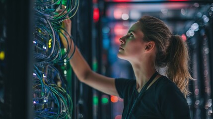 A female engineer configuring network cables in a data center, surrounded by server racks and blinking lights