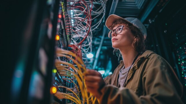 A female engineer configuring network cables in a data center, surrounded by server racks and blinking lights  - Powered by Adobe