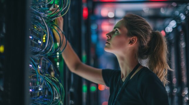 A female engineer configuring network cables in a data center, surrounded by server racks and blinking lights 