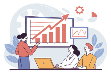 Creative Team Of Analysts Reviewing Financial Growth Curve Illustration