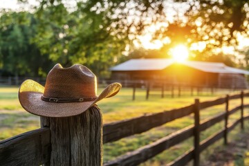Sunset on a rustic farm with a cowboy hat resting on a wooden fence