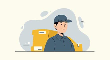 A friendly male delivery person in uniform and cap stands smiling with cardboard packages, representing efficient logistics and e-commerce services.