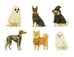 Fototapeta premium Halloween Dogs in Costumes – Ghost, Skeleton, Pumpkin, Witch and Vampire Outfits 