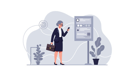 a woman in a suit standing next to a sign