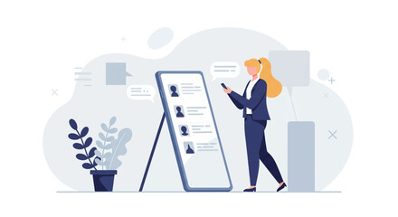 a woman standing next to a phone with a list on it