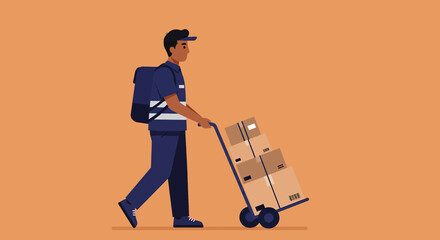 a delivery person in blue uniform pushing a cart loaded with brown boxes against an orange background. Suitable for landing page, banner, marketing, web design, presentation, infographic, etc. © Genius