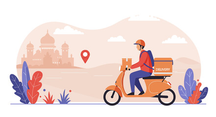 a delivery person on a scooter, wearing a helmet and carrying a package, with a cityscape in the background. Suitable for landing page, banner, marketing, web design, presentation, infographic, etc.