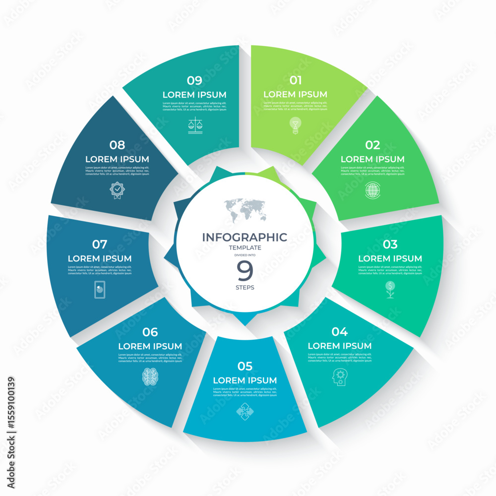 Wall mural vector infographic circle divided into 9 steps. cycle diagram with 9 options. round chart that can b