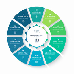 Obraz na płótnie Canvas Vector infographic circle divided into 10 steps. Cycle diagram with 10 options. Round chart that can be used for report, business analytics, data visualization and presentation, educational content.