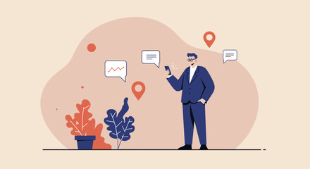 a man in a suit standing and using a mobile phone, with speech bubbles and location markers around him. Suitable for landing page, banner, marketing, web design, presentation, infographic, etc.
