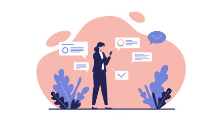 a woman standing amidst a backdrop of pink and blue hues, surrounded by plants and flowers. Suitable for landing page, banner, marketing, web design, presentation, infographic, etc.