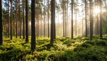 Obraz premium Sunlight shining through a forest grove