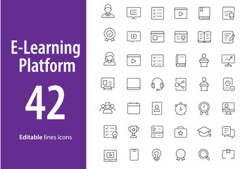 E-Learning Platform Line Icons, Online Course, Certificate, Video Lecture, Quiz, Virtual Class, Progress Tracker, and More , Editable Formats: AI, EPS, JPG, PNG , Ideal for Both Digital and Print Use
