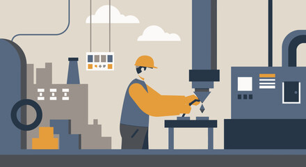A dedicated factory worker in a hard hat diligently operates heavy machinery on a bustling production line within an industrial manufacturing plant.