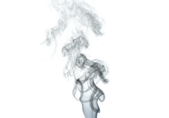 Standalone full object of wispy swirling grey smoke with clear, intricate contours, dynamically coiling against a clean transparent background with faint blue light from bottom left, no shadows, ample