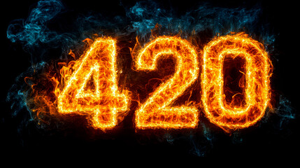 Number 420 made of yellow fire on dark background. Symbol of marijuana smoking