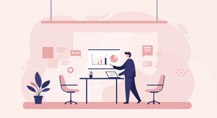 An illustration depicts a business professional presenting a financial report with charts and graphs in a modern office setting, showcasing data analysis and teamwork.