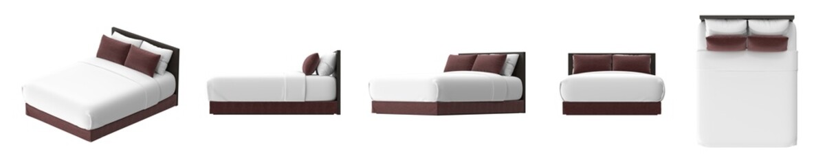 Various angles of a stylish bed. Featuring a white mattress and brown frame, set against a clean background