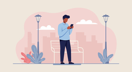 a man standing on a bench using his phone