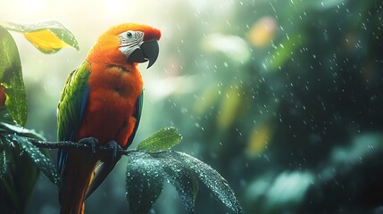 Vibrant parrot sits calmly on tropical tree branch with leaves