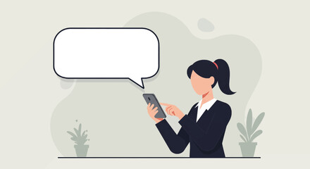 a woman in a business suit using a smartphone, with a speech bubble above her head. Suitable for landing page, banner, marketing, web design, presentation, infographic, etc.