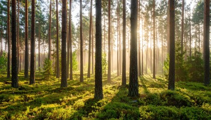 Obraz premium Sun shines through the tall forest