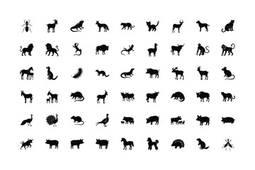 Diverse Silhouette Animal Kingdom Showcase An Array of Wildlife Representations in Black and White Illustrations With a Myriad of Shapes and Sizes