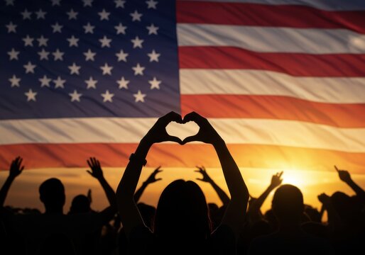 Silhouettes making heart shape in front of an american flag at sunset