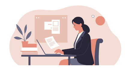 A focused woman is working diligently on her laptop at a desk in a modern office, surrounded by books and plants, symbolizing productivity and dedication.