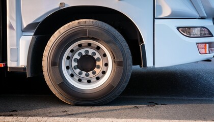 zoomed in view of a bus wheel and tire tread pattern
