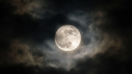 Full Moon Shining Brightly Through Ethereal Clouds on a Dark Night Sky