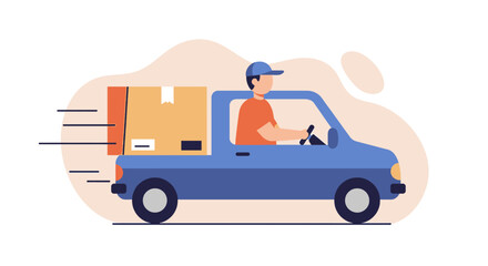 Obraz premium A vector illustration depicts a delivery driver in a blue pickup truck, transporting a package with motion blur, emphasizing speed and efficiency.
