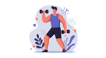 Fit man exercising with dumbbells, building muscles and improving physical health in a modern, stylized workout environment.