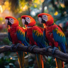 Vivid tropical parrot posing proudly on leafy rainforest branch