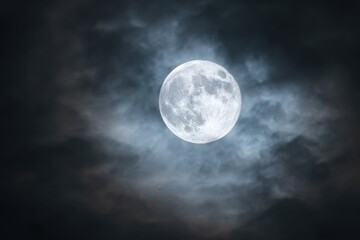 Full Moon Shining Brightly Through Ominous Dark Clouds in the Night Sky Above