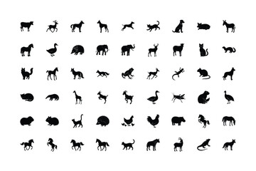 Silhouette Animals Featuring a Diverse Collection of Mammals Birds Reptiles and Insects Displaying Varied Forms and Poses Against a Clean White Backdrop