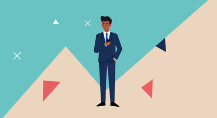 Fototapeta premium a man in a suit standing against a geometric background with a blue sky and geometric shapes. Suitable for landing page, banner, marketing, web design, presentation, infographic, etc.