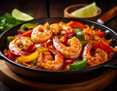 a close up of a sizzling shrimp fajita skillet with plump shrimp colorful bell peppers onions - Powered by Adobe