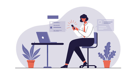 a person sitting at a desk, using a mobile device, with a laptop and potted plants in the background. Suitable for landing page, banner, marketing, web design, presentation, infographic, etc.